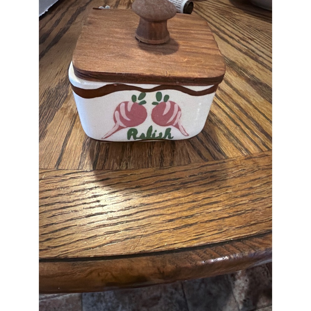 Douglas Studio Pasadena Calif Vintage Ceramic Relish Jar with Wood Lid Radish